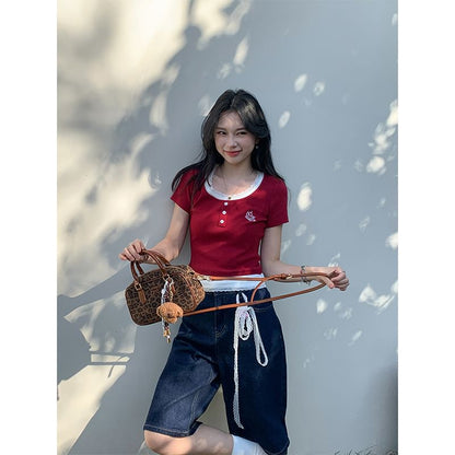 Neck Crop Top Short-Sleeve Mock Two-Piece Square