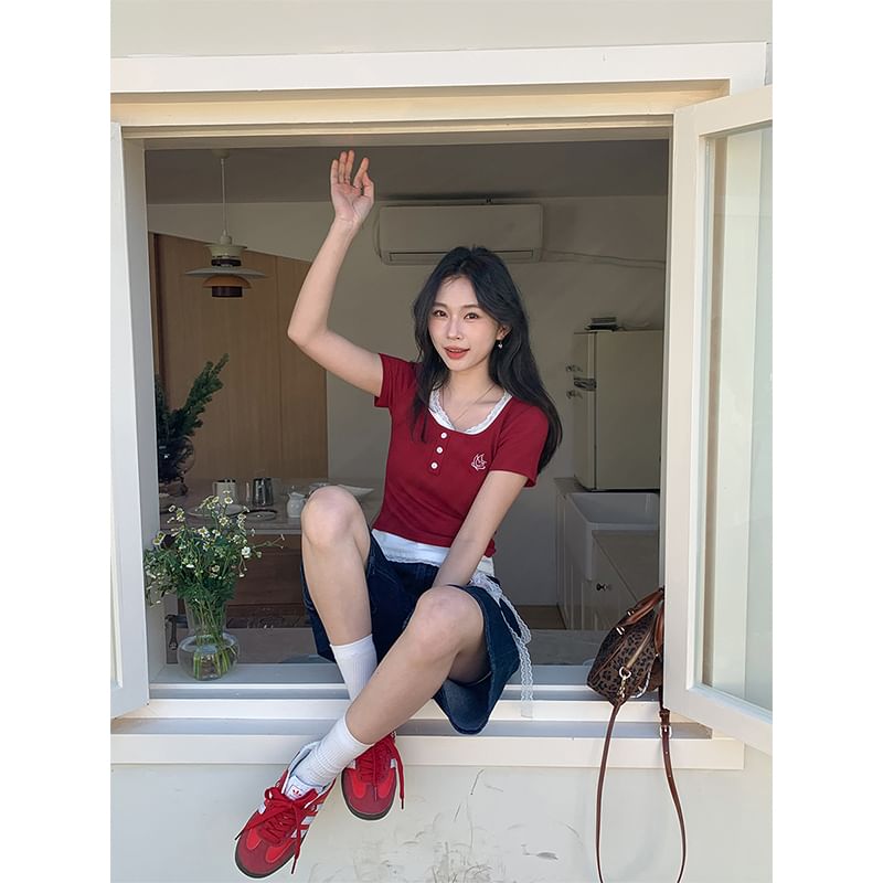 Neck Crop Top Short-Sleeve Mock Two-Piece Square