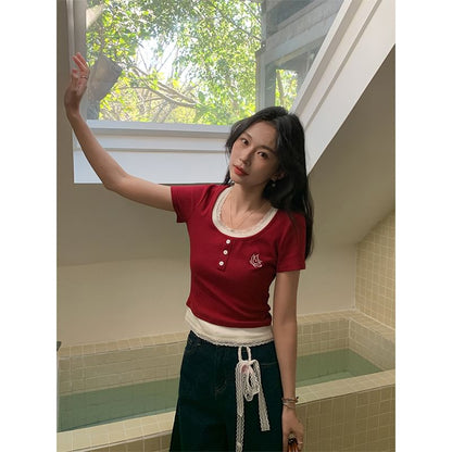 Neck Crop Top Short-Sleeve Mock Two-Piece Square