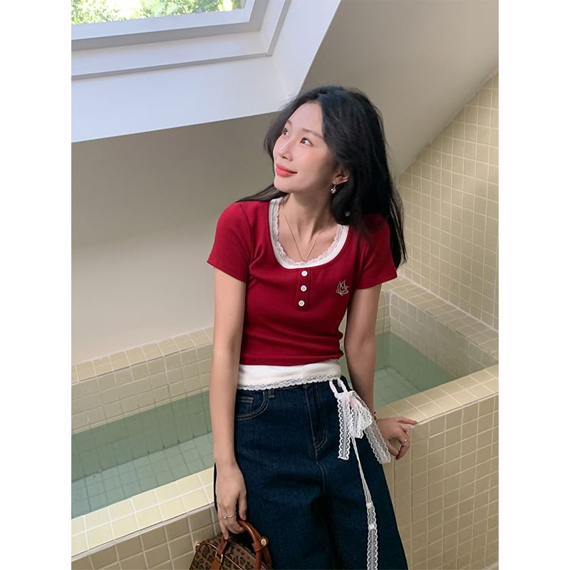 Neck Crop Top Short-Sleeve Mock Two-Piece Square