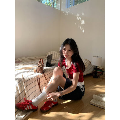 Neck Crop Top Short-Sleeve Mock Two-Piece Square