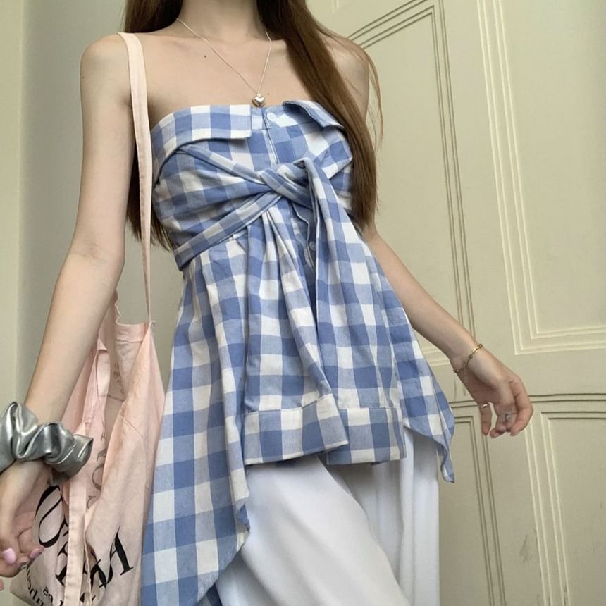 Plaid Asymmetrical Tube Top