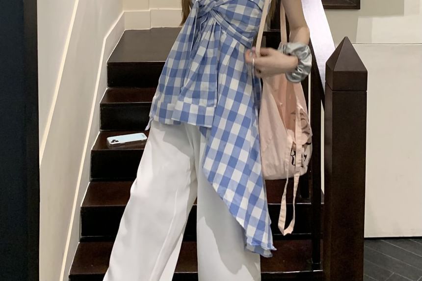 Plaid Asymmetrical Tube Top