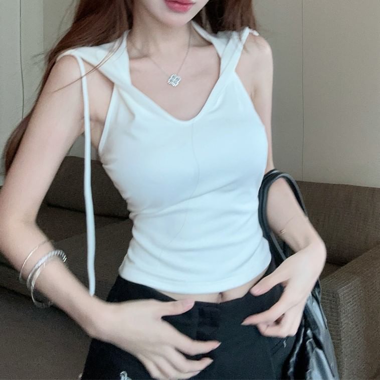 Sleeveless Hooded Plain Crop Top V-Neck