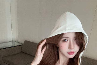 Sleeveless Hooded Plain Crop Top V-Neck