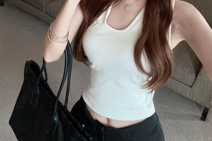 Sleeveless Hooded Plain Crop Top V-Neck