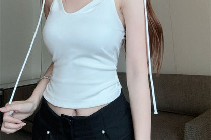Sleeveless Hooded Plain Crop Top V-Neck