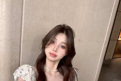 Mini Skirt Cropped Asymmetrical Blouse Pencil High Peplum Rise Plaid / Puff-Sleeve Bow Floral