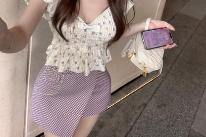 Mini Skirt Cropped Asymmetrical Blouse Pencil High Peplum Rise Plaid / Puff-Sleeve Bow Floral