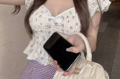 Mini Skirt Cropped Asymmetrical Blouse Pencil High Peplum Rise Plaid / Puff-Sleeve Bow Floral