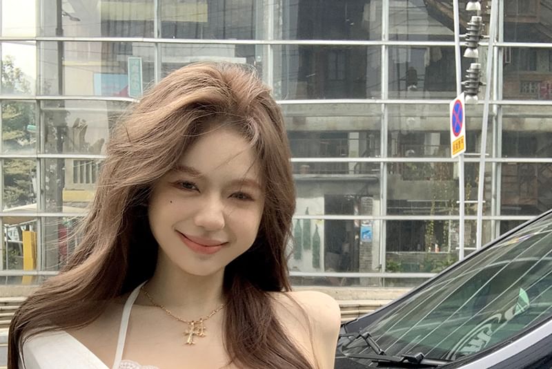 T-Shirt Long-Sleeve Camisole Top Set: Open Slim V-Neck Crop Fit Halter Plain Back +