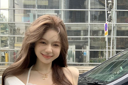 T-Shirt Long-Sleeve Camisole Top Set: Open Slim V-Neck Crop Fit Halter Plain Back +