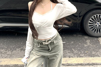 T-Shirt Long-Sleeve Camisole Top Set: Open Slim V-Neck Crop Fit Halter Plain Back +