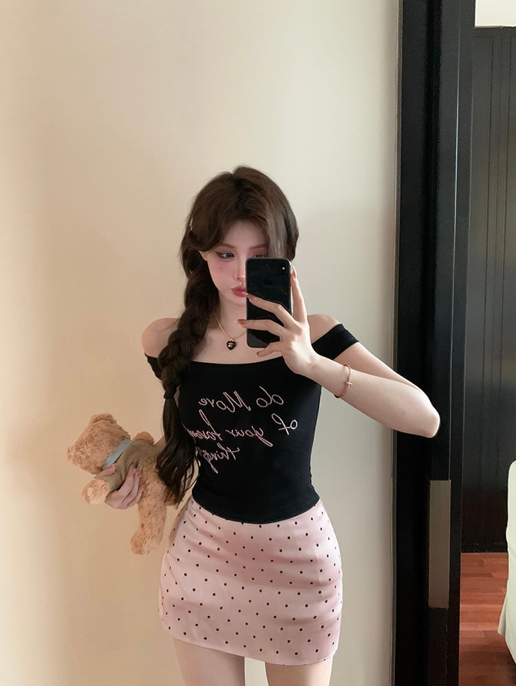 Dotted Pencil Slim Embroidered Fit Skirt Mini High / Top Off-Shoulder Tank Waist Lettering