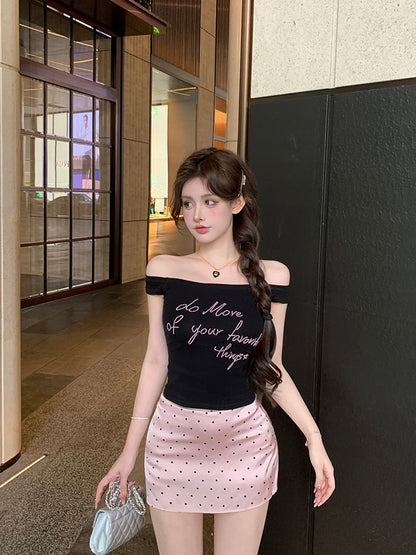 Dotted Pencil Slim Embroidered Fit Skirt Mini High / Top Off-Shoulder Tank Waist Lettering