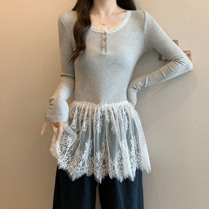 Henley T-Shirt Slim Peplum Long-Sleeve Fit Lace Panel