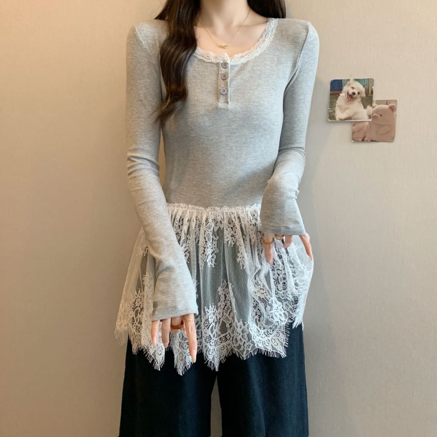 Henley T-Shirt Slim Peplum Long-Sleeve Fit Lace Panel