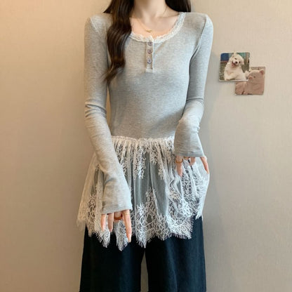 Henley T-Shirt Slim Peplum Long-Sleeve Fit Lace Panel