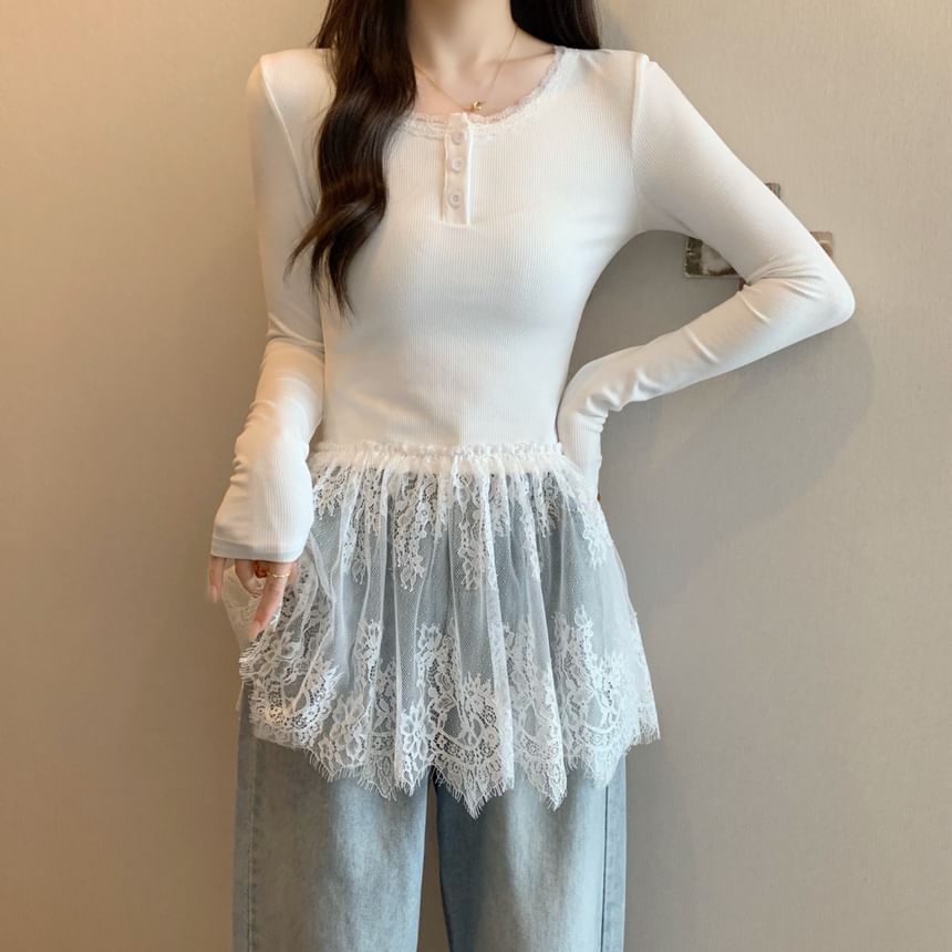 Henley T-Shirt Slim Peplum Long-Sleeve Fit Lace Panel