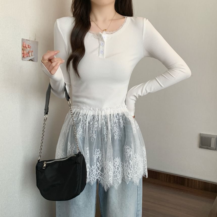 Henley T-Shirt Slim Peplum Long-Sleeve Fit Lace Panel