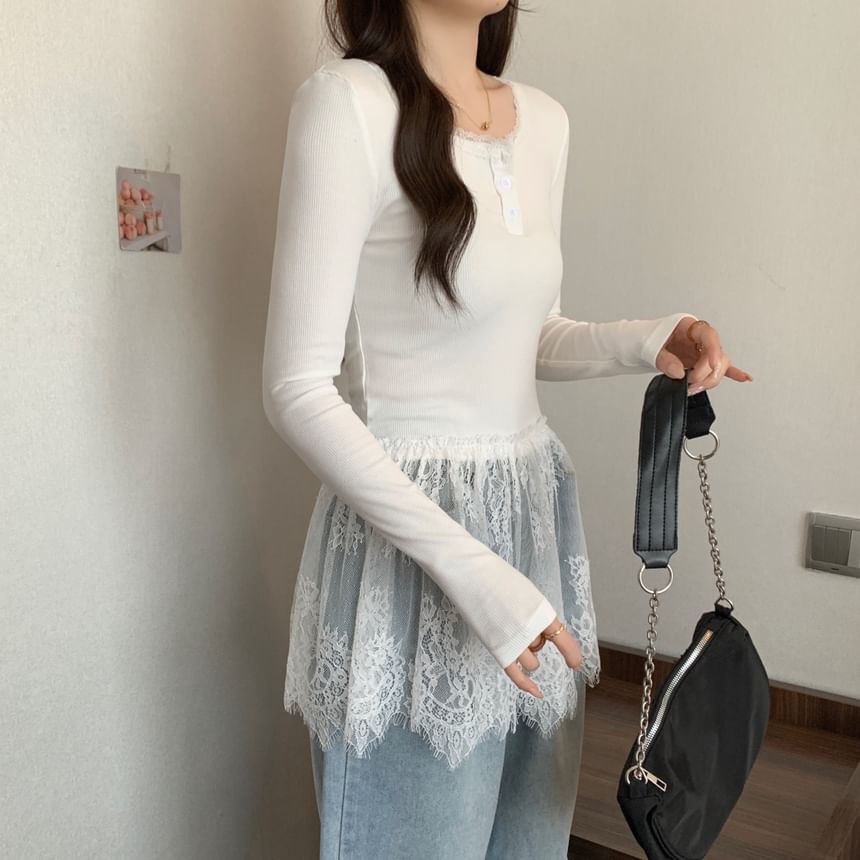 Henley T-Shirt Slim Peplum Long-Sleeve Fit Lace Panel
