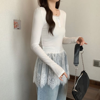 Henley T-Shirt Slim Peplum Long-Sleeve Fit Lace Panel