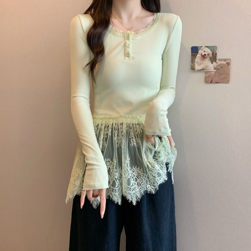 Henley T-Shirt Slim Peplum Long-Sleeve Fit Lace Panel