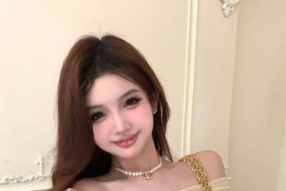 Rise A-Line Plain T-Shirt Off-Shoulder Fit Skirt Long-Sleeve Mini Ruched Slim / Asymmetrical Tiered High