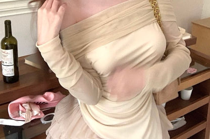 Rise A-Line Plain T-Shirt Off-Shoulder Fit Skirt Long-Sleeve Mini Ruched Slim / Asymmetrical Tiered High