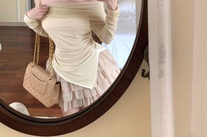 Rise A-Line Plain T-Shirt Off-Shoulder Fit Skirt Long-Sleeve Mini Ruched Slim / Asymmetrical Tiered High