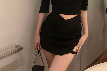 Neck Off Slim Top Crop Short-Sleeve Fit Plain Halter Shoulder