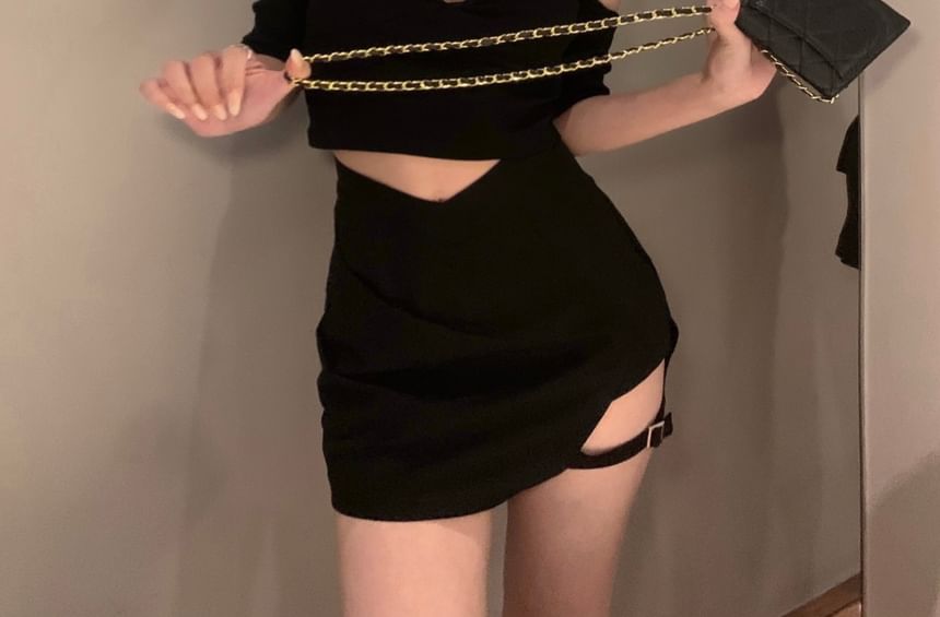 Neck Off Slim Top Crop Short-Sleeve Fit Plain Halter Shoulder