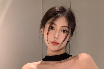 Neck Off Slim Top Crop Short-Sleeve Fit Plain Halter Shoulder