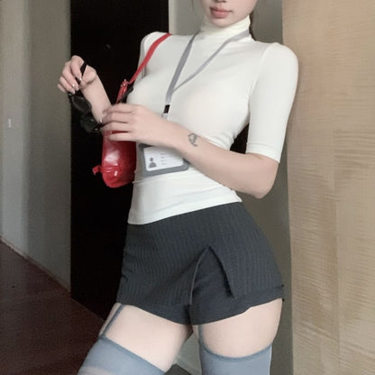 Short-Sleeve Plain / Waist High Slit Turtleneck Mini Slim Skort Tee Striped A-Line Fit