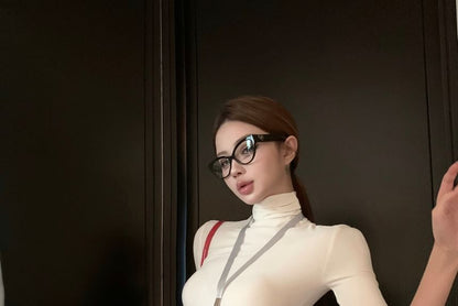 Short-Sleeve Plain / Waist High Slit Turtleneck Mini Slim Skort Tee Striped A-Line Fit