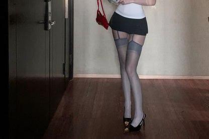 Short-Sleeve Plain / Waist High Slit Turtleneck Mini Slim Skort Tee Striped A-Line Fit