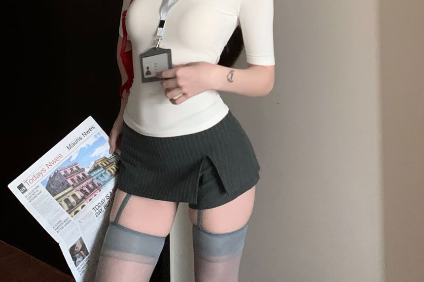 Short-Sleeve Plain / Waist High Slit Turtleneck Mini Slim Skort Tee Striped A-Line Fit