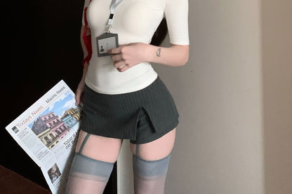 Short-Sleeve Plain / Waist High Slit Turtleneck Mini Slim Skort Tee Striped A-Line Fit