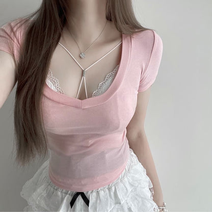 Halter Slim Bra Fit Top / Crop Neck Plain Short-Sleeve Scoop Lace T-Shirt