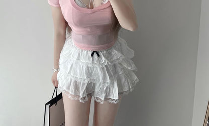 Halter Slim Bra Fit Top / Crop Neck Plain Short-Sleeve Scoop Lace T-Shirt