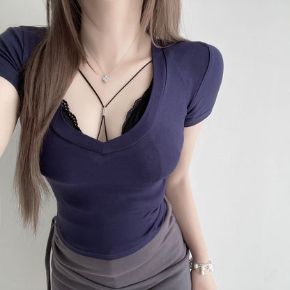 Halter Slim Bra Fit Top / Crop Neck Plain Short-Sleeve Scoop Lace T-Shirt