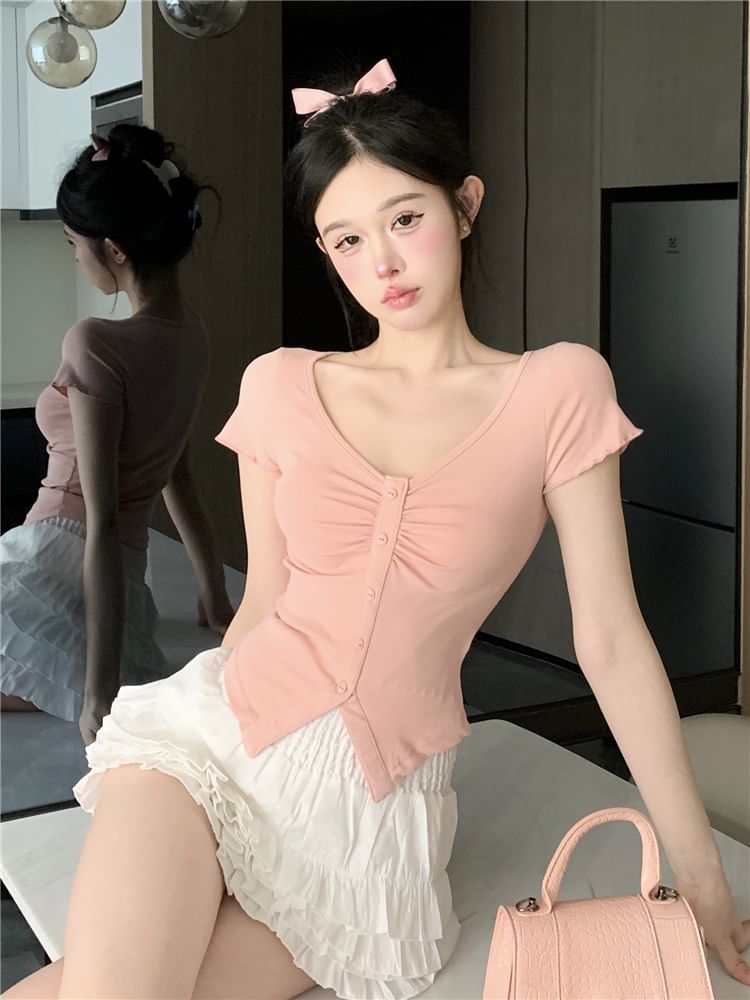 V-Neck Trim Layered A-Line Slit Skirt Tee Waist Mini Crop Frill Plain Short-Sleeve High Ruched /