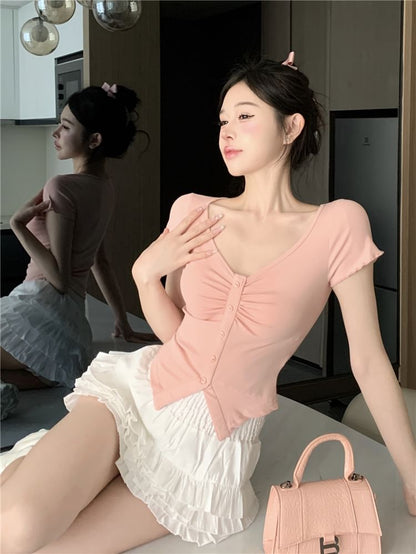 V-Neck Trim Layered A-Line Slit Skirt Tee Waist Mini Crop Frill Plain Short-Sleeve High Ruched /