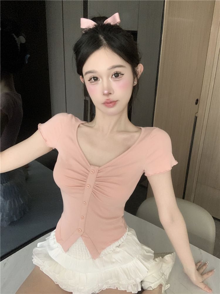 V-Neck Trim Layered A-Line Slit Skirt Tee Waist Mini Crop Frill Plain Short-Sleeve High Ruched /