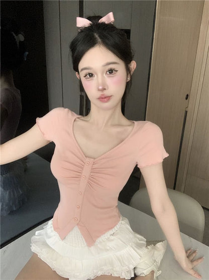 V-Neck Trim Layered A-Line Slit Skirt Tee Waist Mini Crop Frill Plain Short-Sleeve High Ruched /