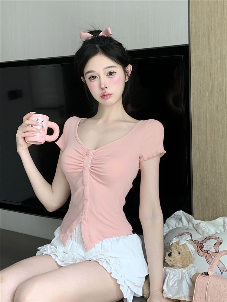 V-Neck Trim Layered A-Line Slit Skirt Tee Waist Mini Crop Frill Plain Short-Sleeve High Ruched /