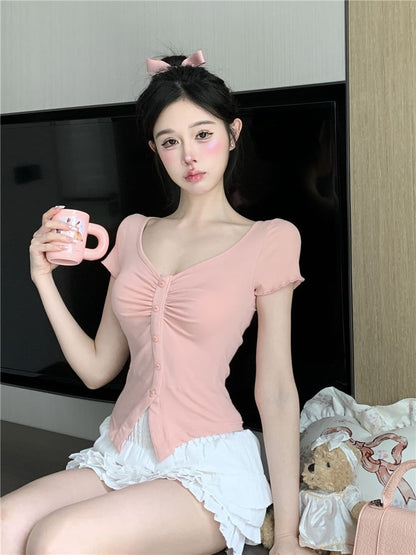 V-Neck Trim Layered A-Line Slit Skirt Tee Waist Mini Crop Frill Plain Short-Sleeve High Ruched /