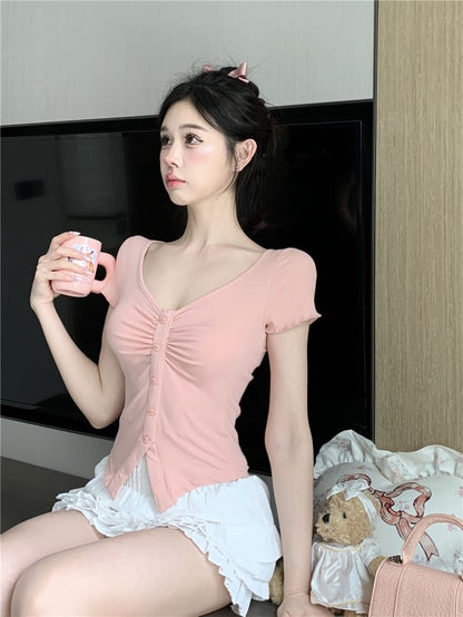 V-Neck Trim Layered A-Line Slit Skirt Tee Waist Mini Crop Frill Plain Short-Sleeve High Ruched /