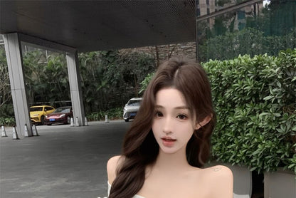 Plain Accent Hem Bow Crop Ruffle T-Shirt Off-Shoulder