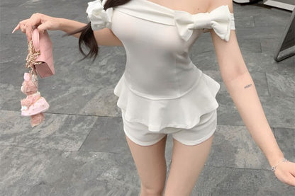 Plain Accent Hem Bow Crop Ruffle T-Shirt Off-Shoulder
